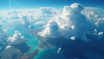 Expansive blue oceans meet green land masses dotted with fluffy white clouds. Sunlight shines through clear blue sky creating beautiful atmospheric patterns over earth.