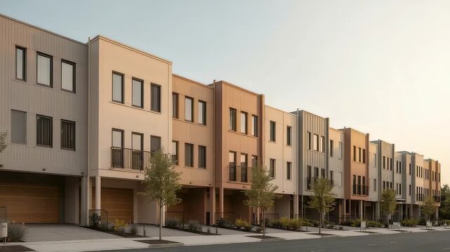 Modern townhouses row pastel beige orange facades garages small trees evening light suburban residential neighborhood