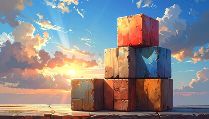 Stacked, painted cubes against a vivid sunset. The sky features fluffy clouds and a golden sun illuminating the scene