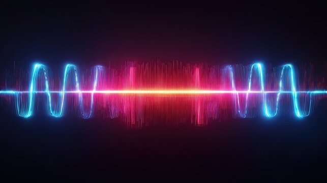 Digital signal waveform glowing sound wave visualization representing audio frequency data transmission and modern communication technology background, Vibrant Abstract Soundwave on Dark Background - Powered by Adobe