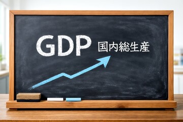 GDP国内総生産の成長を黒板と上昇グラフでわかりやすく示す経済解説イメージ