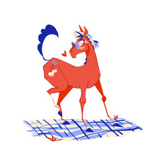 Playful vector character design of a cheerful red horse enjoying a summer vacation, accessorized with a stylish straw sun hat and sunglasses. For cover, posters, stationery, prints, cheerful branding 