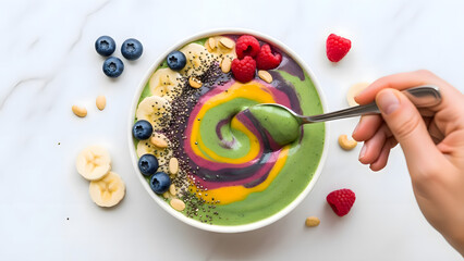 Colorful & healthy smoothie bowl with vibrant fruit swirls, fresh berries, banana, & seeds for a nutritious breakfast
