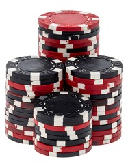 Stacked poker chips arranged in a visually appealing pyramid structure. The chips are a combination of red, black, and white colors