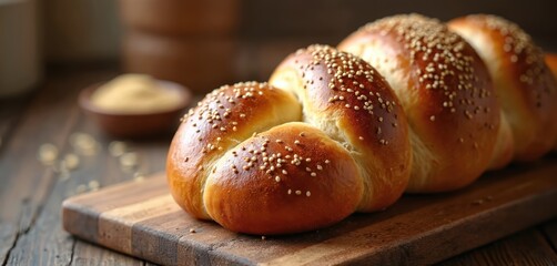Freshly baked challah bread loaf with sesame seeds sits on a rustic wooden cutting board. This traditional Jewish bread is golden brown and fluffy inside perfect for holidays.