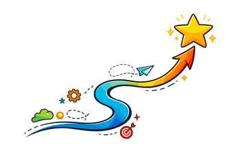 Obraz premium Colorful path to success with arrow, star, and paper plane illustrations