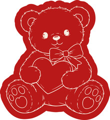 Red teddy bear illustration handdrawn cute romantic toy holding heart with bow isolated on transparent background