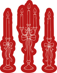 Red candles and candelabra illustration handdrawn romantic vintage decor with bows for wedding or valentines isolated on transparent background