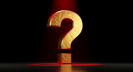 Golden question mark on dark reflective surface, illuminated by red spotlights, representing inquiry, uncertainty, investigation and problem solving