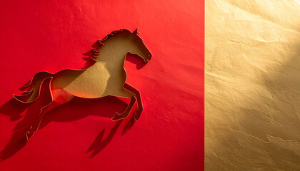 A galloping horse silhouette against a split red and gold background