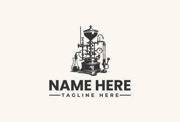 Obraz premium A black and white vector illustration of a coffee roastery logo with a tagline on a clean white background, featuring industrial equipment.