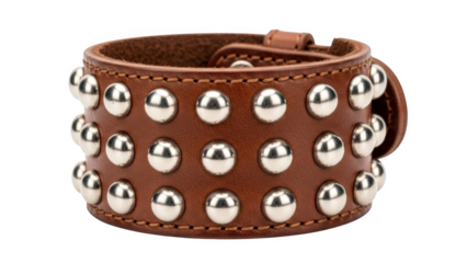 Brown leather studded wristband with silver metal studs bracelet