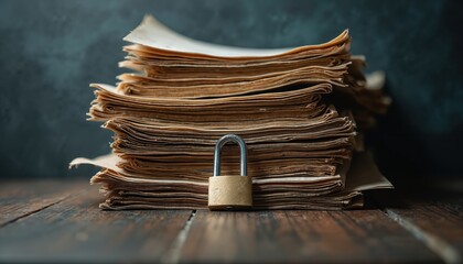 Stack of old papers secured with metal padlock on wooden desk. Old archive documents protected from unauthorized access. Confidential data safekeeping concept.