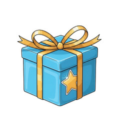 Beautifully wrapped blue PNG Transparent gift box with golden ribbon