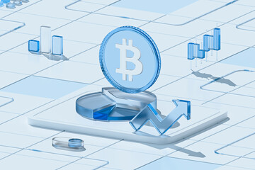 3D glassmorphism isometric render of a Bitcoin coin, pie chart, and rising arrow representing cryptocurrency market growth.
