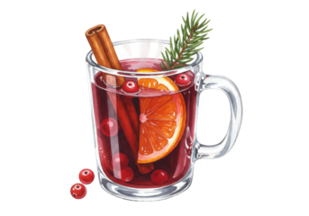 highly detailed digital watercolor of steaming mulled wine, garnished with cinnamon, orange, and fir sprig, in a clear glass mug on a white background, traditional holiday beverage concept