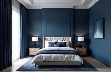 Elegant bedroom features tufted beige headboard bed with white linens, navy blue accents. Dark blue walls contrast with light wood nightstands, large window with sheer curtains providing soft light.