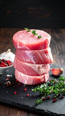 Stacked, raw, trimmed cuts of meat atop a dark slate, garnished with fresh herbs, salt, peppercorns, and garlic. Wooden background