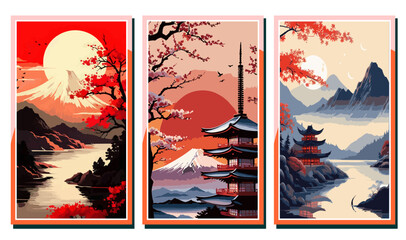 Japanese landscape banner set with Mount Fuji, pagoda, and cherry blossoms. Traditional oriental scenery with sun and lake in retro flat vector style for travel posters