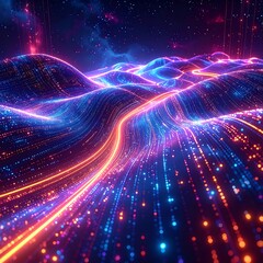 Obraz premium Vivid landscape with undulating waves of light, starry sky background, and glowing streams of color