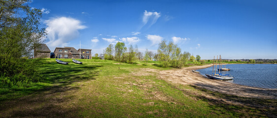 Panoramic view of recreational lake in Giesbeek, Netherlands