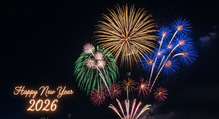 Vibrant fireworks in a dark night sky, display of colorful explosion and light, representing celebration, joy, and festive occasion, especially New Year