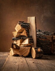 Stacked, seasoned firewood on a weathered wooden surface, against a blurred, mottled brown backdrop, capturing texture and warmth