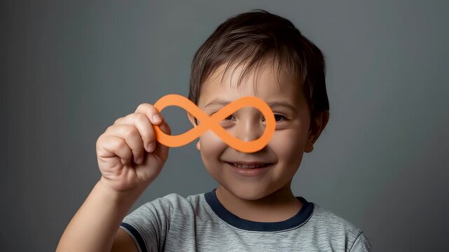 Happy young boy holding orange infinity symbol over eye smiling playful child fun learning concept gray background