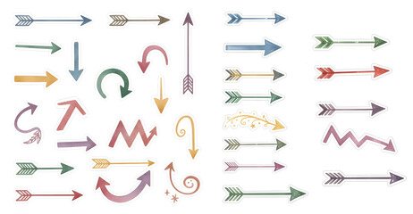 Set of colorful arrow stickers and pointers in a rustic watercolor style. High-quality graphic design for planners, navigation icons, and creative decor. Digital art.