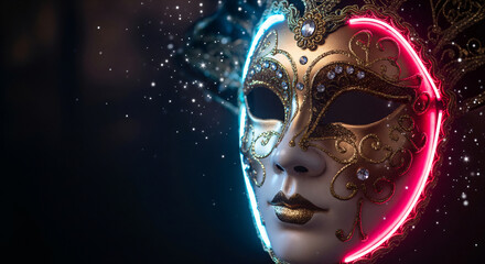 Vibrant neon carnival masks glowing brightly against a black background, showcasing intricate designs and vivid colors, creating a striking and mysterious visual contrast.