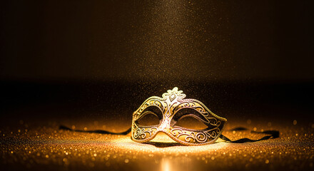 Resting atop a glossy surface, a glittering black masquerade mask is enveloped by soft evening bokeh lights and golden twinkles, exuding a celebratory and sophisticated party ambience.