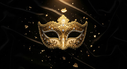 A magnificent, traditional Mardi Gras mask in black satin. The Mardi Gras festival features vibrant decorations and elements of a masquerade ball.