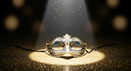 Resting atop a glossy surface, a glittering black masquerade mask is enveloped by soft evening bokeh lights and golden twinkles, exuding a celebratory and sophisticated party ambience.