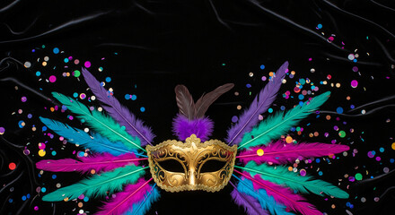 Festive Mardi Gras mask with traditional green, gold and purple feathers on black satin fabric. Mardi Gras celebration features colorful decorations and masquerade ball elements.