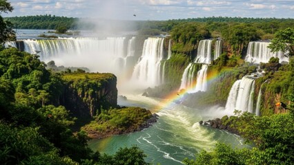 A breathtaking view of a large waterfall system with a vibrant rainbow in the misty surroundings.