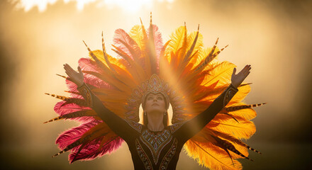 A young woman in the center, wearing a beautiful feathered hat, raises her hand in a joyful and excited manner..