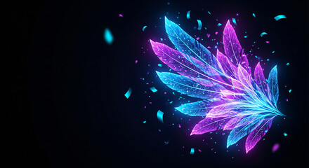 Blue feathers, neon lights, festive confetti; perfect for carnival or masquerade event promotion