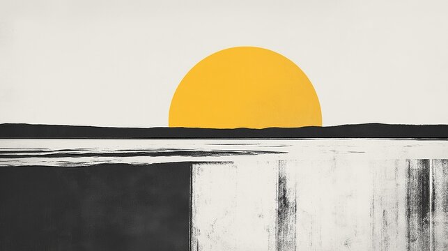 Minimalist black and white illustration of sun setting over water with clean lines and golden glow. - Powered by Adobe