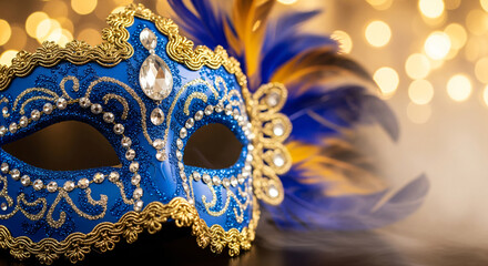 Elegant Blue and Gold Mask with Ornate Decorations on a Dramatic Background