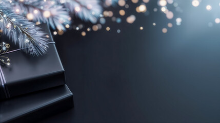 高級感のある黒いギフトボックスと輝くイルミネーションのクリスマス背景