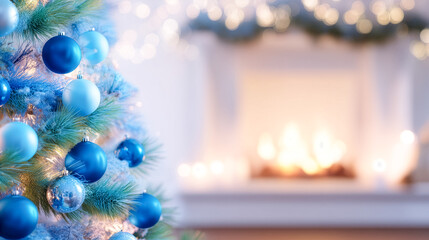 暖炉の前の青いオーナメントで飾られたクリスマスツリーのクローズアップと背景のぼけ