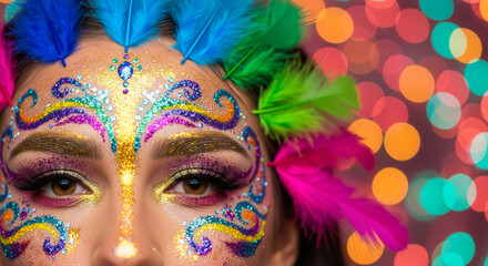Vibrant carnival scene with a woman in colorful feathered headdress, captured in a close-up angle, perfect for a festive video backdrop.