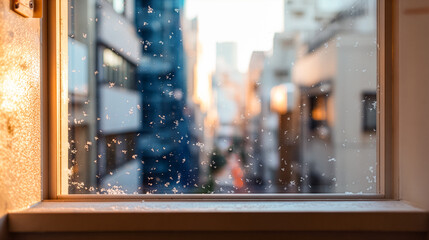 雪のついた窓ガラス越しに見る夕暮れ時のぼやけた都会の街並み