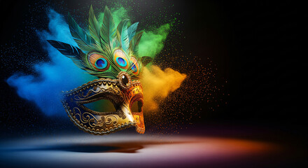 Luxury Mardi Gras golden mask with feathers. Dark background with shining bokeh effect and golden dust glitter. Banner of a venetian carnival concept with copy space.