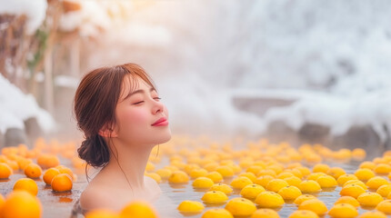 冬の雪景色の中で柚子湯の露天風呂に入ってリラックスする若いアジア人女性