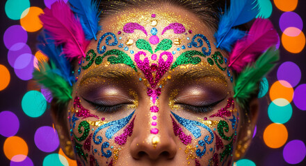 Vibrant carnival scene with a woman in colorful feathered headdress, captured in a close-up angle, perfect for a festive video backdrop.