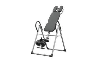 Gray inversion therapy table with black padded headrest and ankle supports inversion table