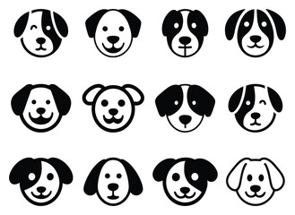 Cute black and white dog face icons vector set for pet designs. set of dog heads