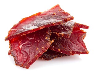 Stacked slices of cured, seasoned, and dried meat, showcasing a reddish-brown color and visible texture details. Isolated against white