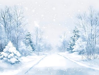 Fototapeta premium Serene Winter Path: Soft Watercolor Illustration of a Snowy Forest Road with Falling Snow
